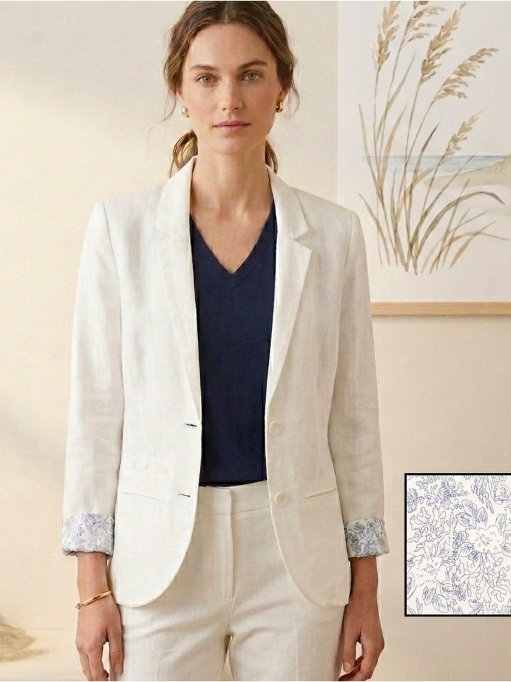 Malvin Germany Linen White Coastal Print Contrast Blazer Large (10)